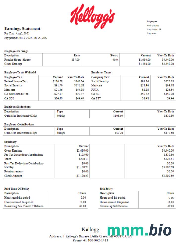 USA Kellog food processing company pay stub